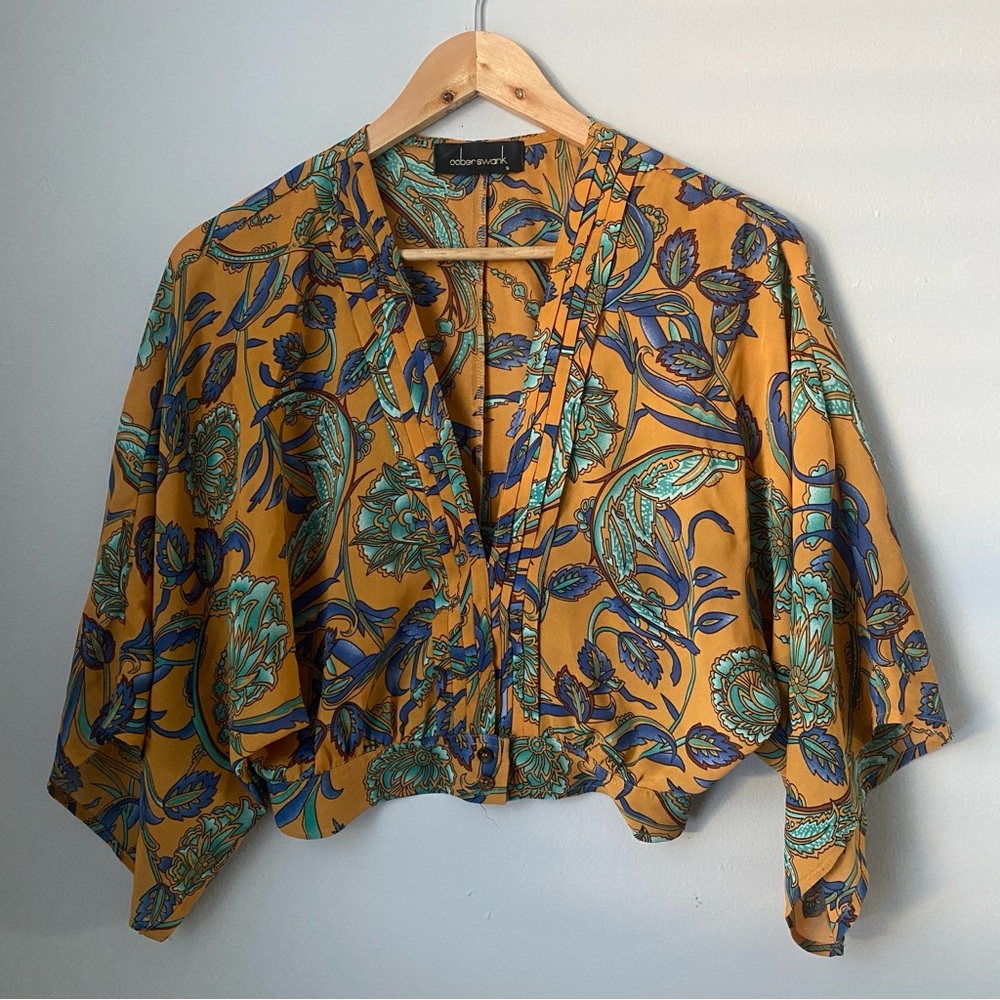 Oober swank floral paisley wide sleeve blouse shawl rust orange green S